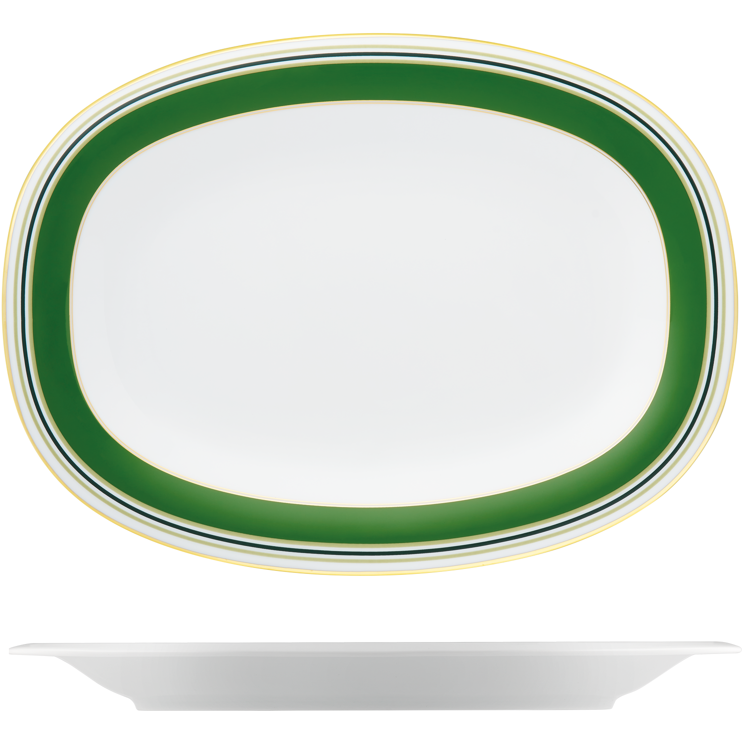 Platter oval  Ovaler Porzellanteller mit grünem Rand und goldenem Streifen, seitliche Ansicht. Fürstenberg Porzellan.