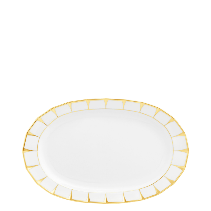 img1_ov_7291_77_platte_oval Ovaler Porzellanteller mit goldener, geometrischer Randverzierung. Fürstenberg Porzellan.