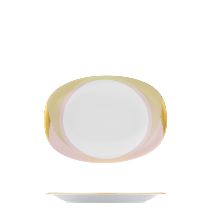 img1_zu2016__7101_tableau_oval Runde weiße Porzellanplatte mit pastellfarbenen Streifen und goldenem Rand. Fürstenberg Porzellan.