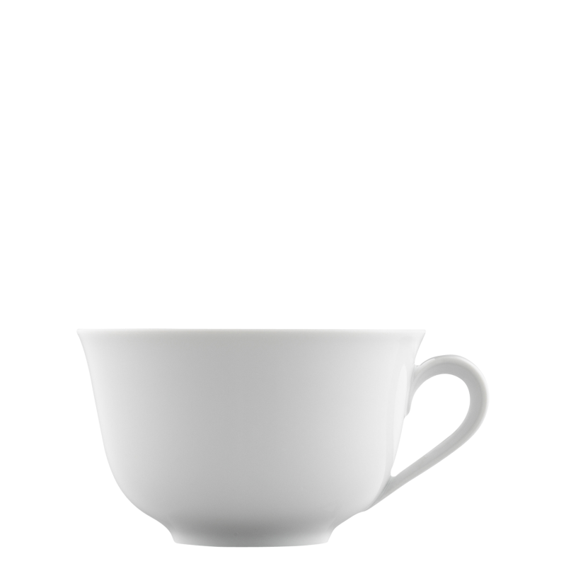 img1_OB63918WEISS Weiße Teetasse mit Henkel, steht aufrecht, vor neutralem Hintergrund. Fürstenberg Porzellan.