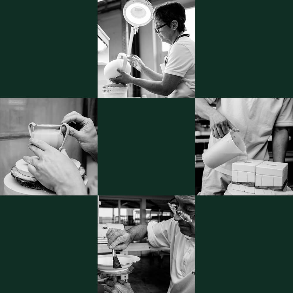 Schwarz-Weiß-Collage, die verschiedene Arbeitsschritte der handwerklichen Herstellung von FÜRSTENBERG Porzellan zeigt.