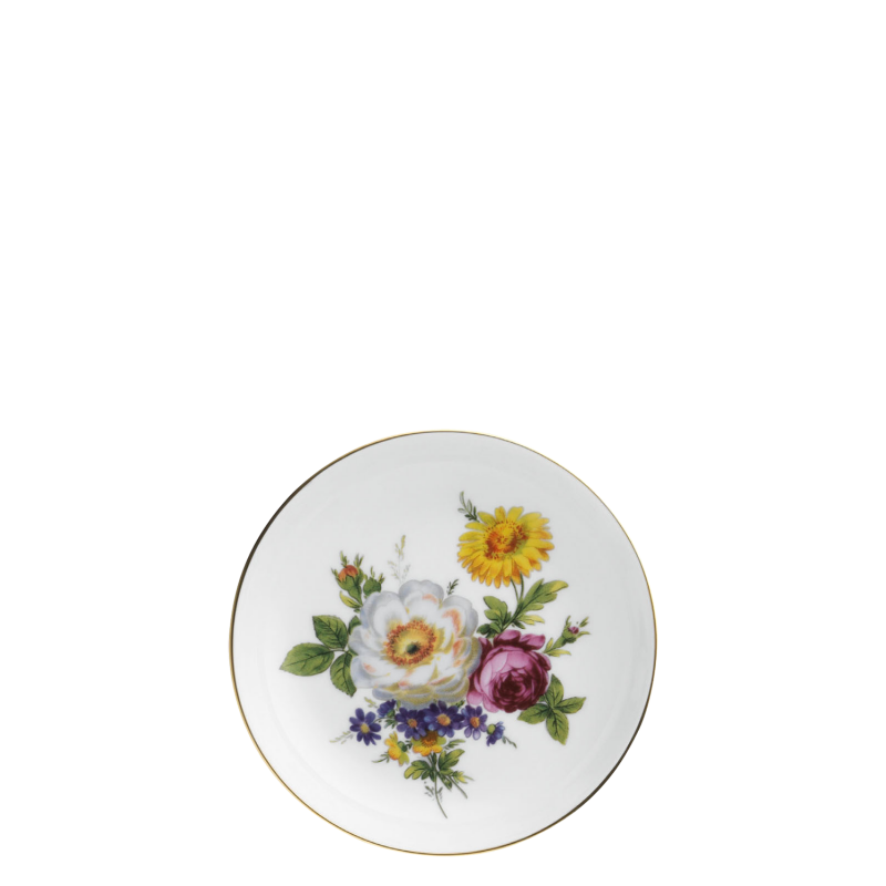img1_ko1316112199z_konfektschaelchen Teller zeigt Blumendekor: gelbe, weiße, violette Blumen auf weißem Hintergrund. Fürstenberg Porzellan.