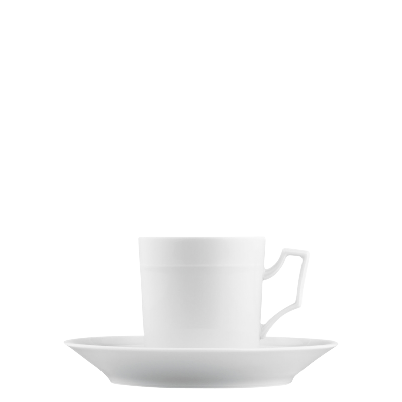 img1_ta_6835_weiss_kaffeetasse_2_tlg Weiße Porzellantasse auf Untertasse, minimalistisch und elegant, vor weißem Hintergrund. Fürstenberg Porzellan.