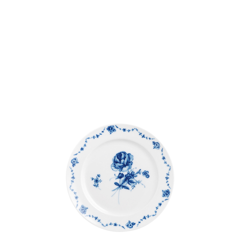 Brotteller Weißer Teller mit blauer Rosenbemalung, kunstvoller Randgestaltung. Fürstenberg Porzellan.