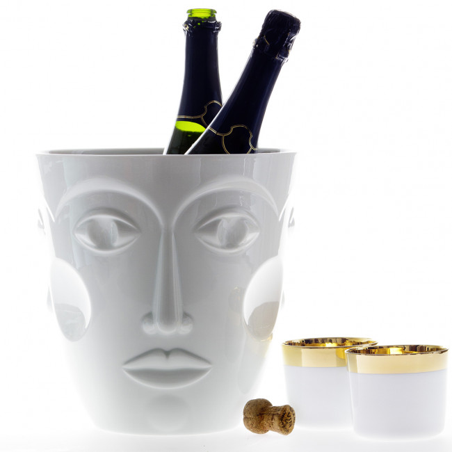 Porzellan-Eiskühler mit Gesichtsmuster, hält zwei Flaschen, Korken und zwei Becher. Fürstenberg Porzellan.