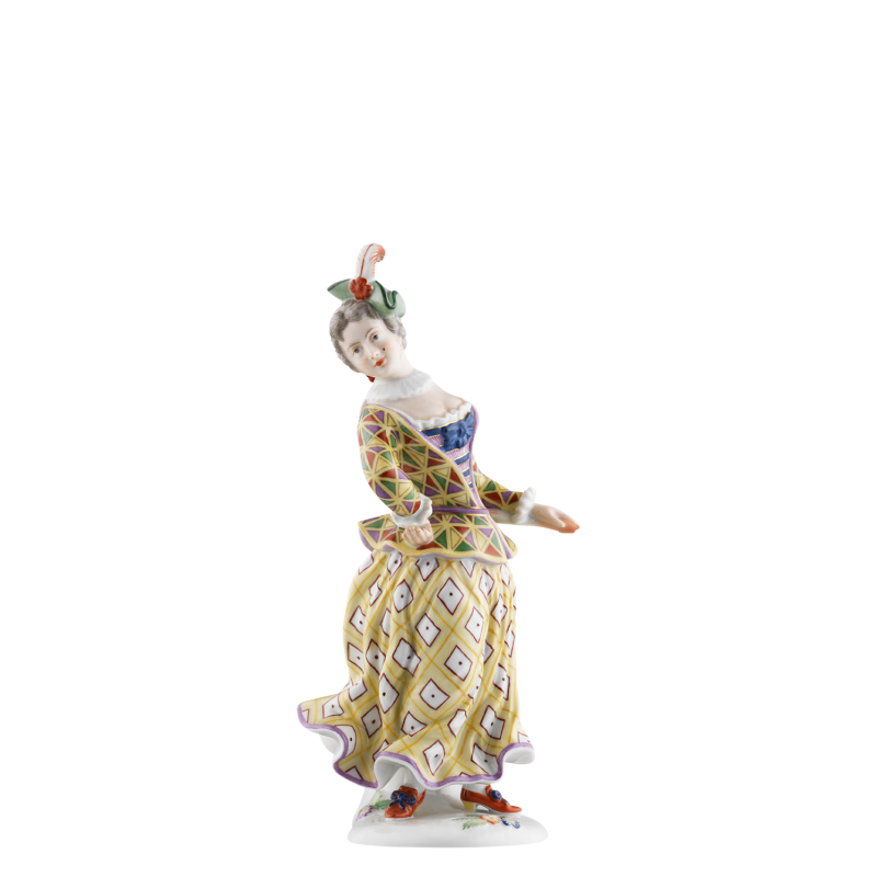 img1_pl_273__farb_harlekine Porzellanfigur einer Frau, tanzend, bunt gekleidete Harlekin-Kostüm. Fürstenberg Porzellan.