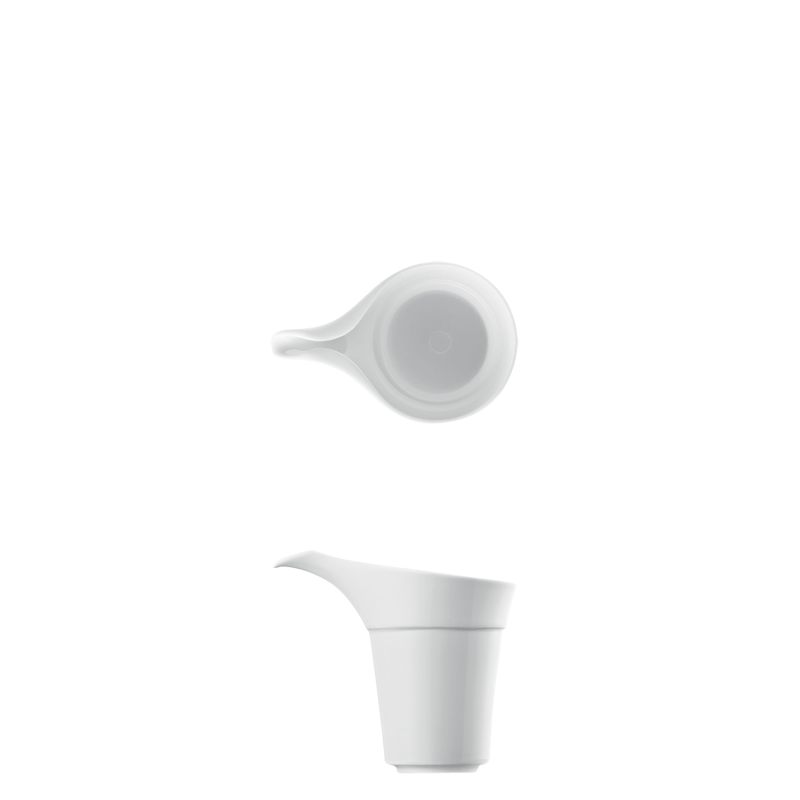 img1_sa2013__weiss_sauciere Weißer Porzellan-Zuckergießer mit ergonomischem Griff, seitliche Ansicht oben und seitlich. Fürstenberg Porzellan.