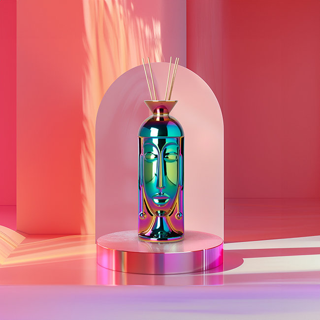 Bunte vase mit Gesicht, Duftstäbchen, steht auf Podest, rosa Hintergrund. Fürstenberg Porzellan.
