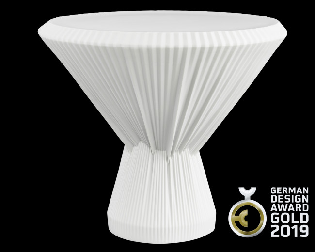 Weißer, trichterförmiger Tisch, präsentiert German Design Award Gold 2019. Fürstenberg Porzellan.