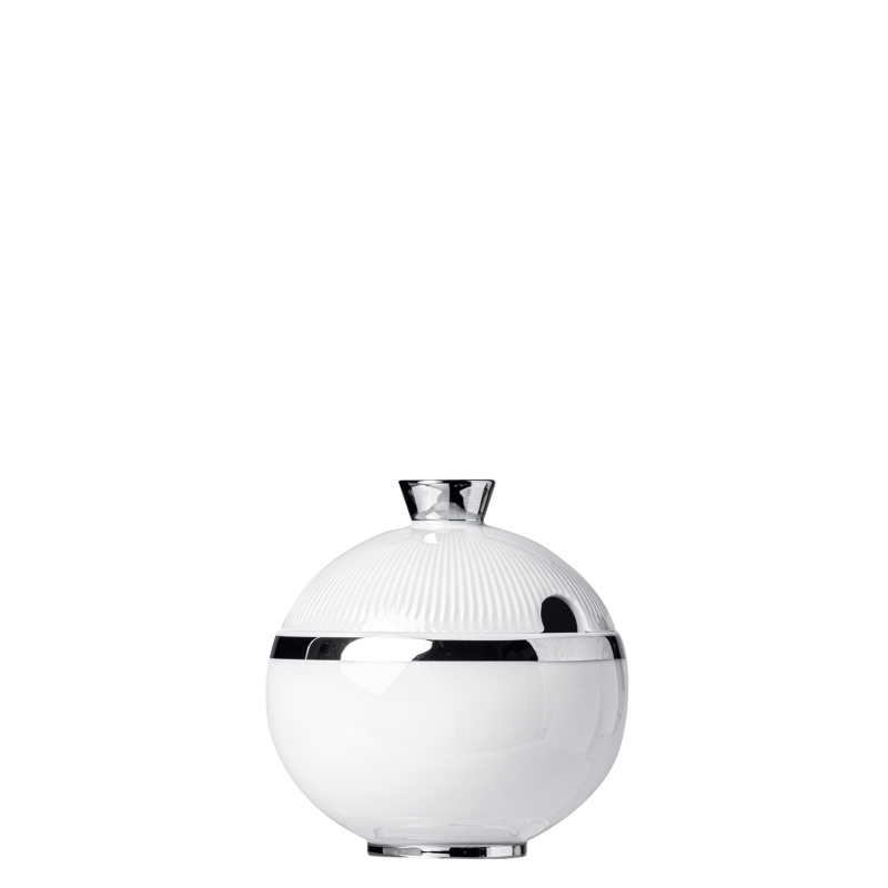 img1_zd2007435701_zuckerdose Weiße, runde Vase mit silbernem Rand, glänzendem Finish. Fürstenberg Porzellan.