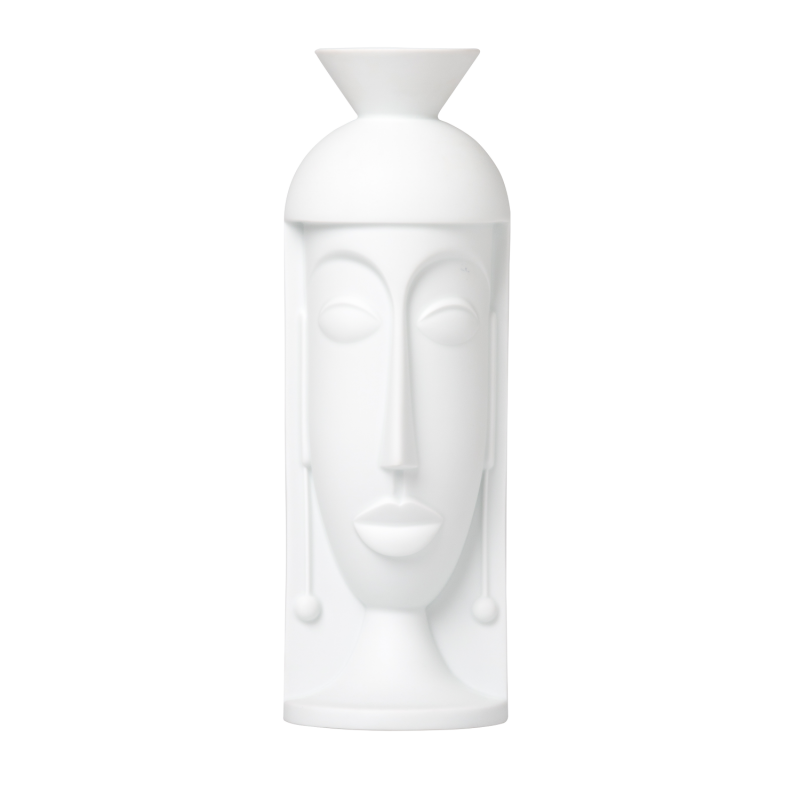 img1_va1789__1001_vaporisateur_fuer_raumduft_scent_of_a_muse__mattsatiniert Weiße Porzellanvase mit stilisiertem Gesicht, abstrakte Form, keine Verzierungen sichtbar. Fürstenberg Porzellan.