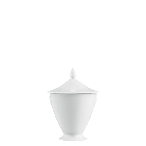 Weiße, konische Porzellan-Zuckerdose mit Deckel in minimalistischem Design. Fürstenberg Porzellan.