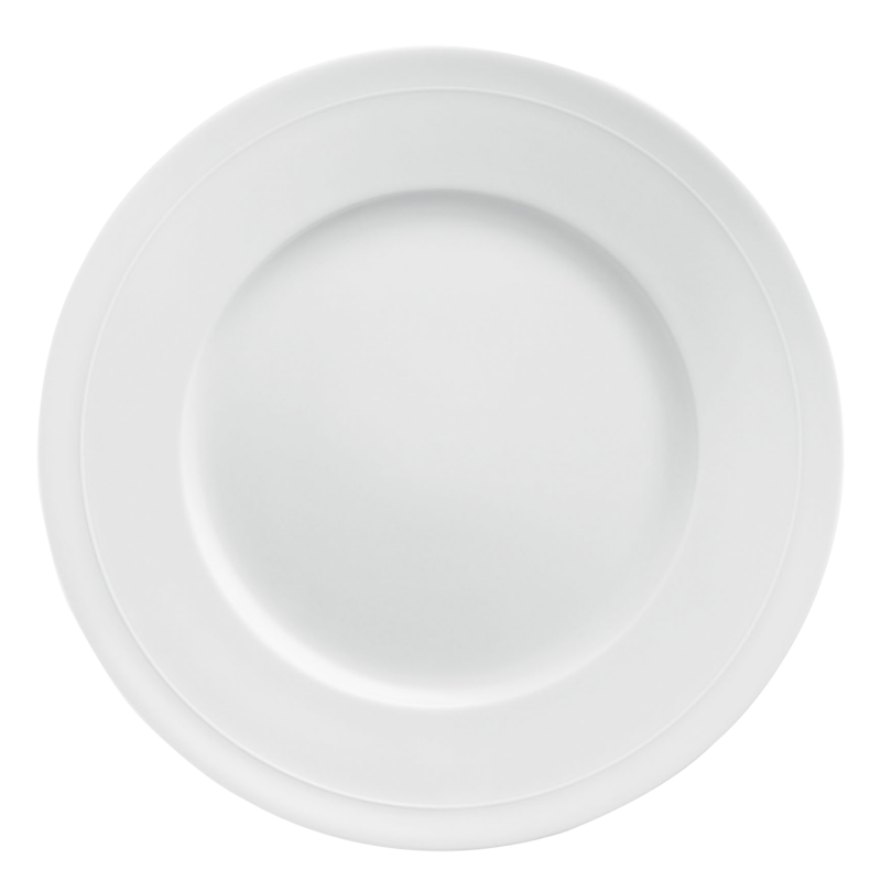 Dinner plate Weißer runder Porzellanteller liegt in der Mitte vor weißem Hintergrund. Fürstenberg Porzellan.