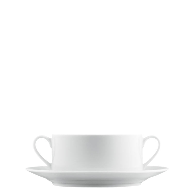 img1_ta200520weiss_suppentasse_2_tlg Weiße zweihenkeltasse auf passendem unterteller, minimalistisch gestaltet, vor schwarzem hintergrund. Fürstenberg Porzellan.
