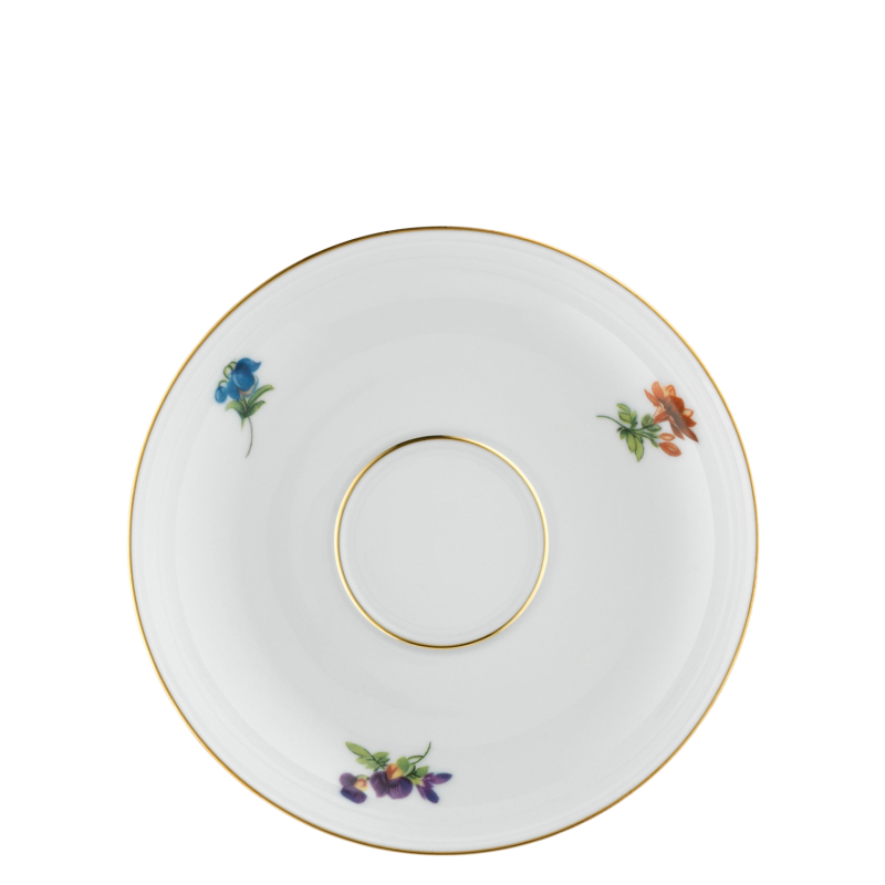 img1_un_641242199_kaffeeuntertasse_mit_spiegel Weiße Untertasse mit goldener Linie, verziert mit bunten Blumenmotiven. Fürstenberg Porzellan.