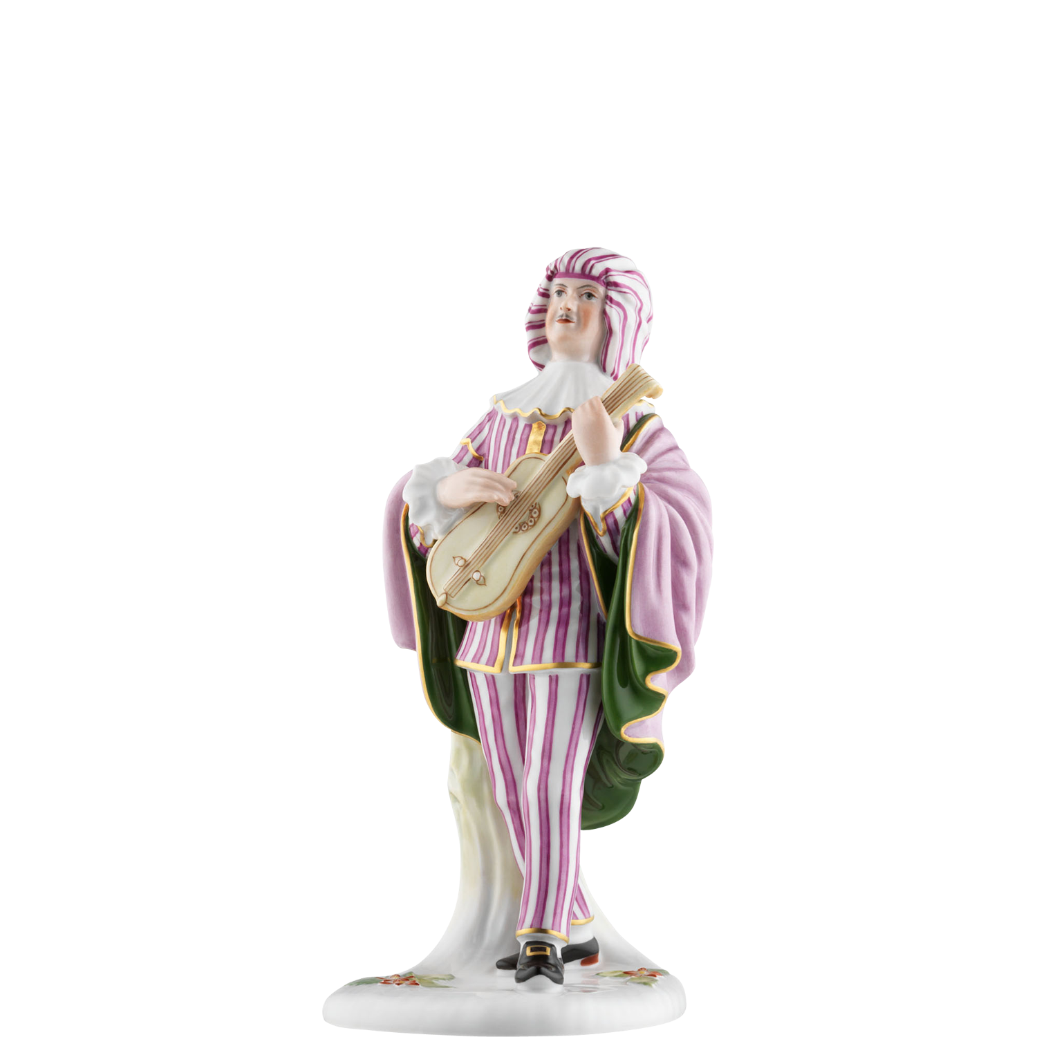 BAGOLIN Porzellanfigur Harlekin spielt Laute, bekleidet mit gestreiftem Anzug und Umhang. Fürstenberg Porzellan.