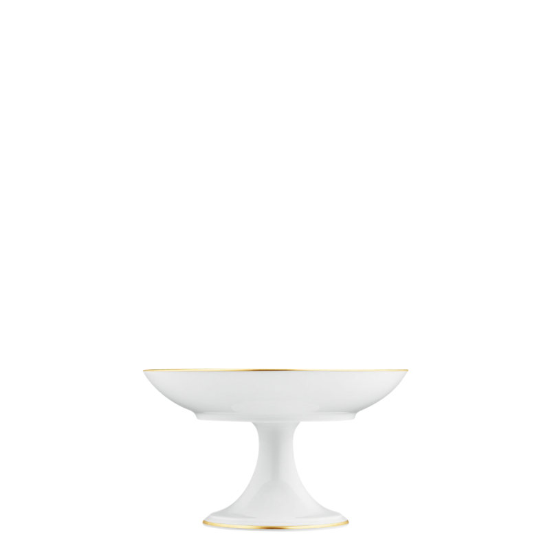 img1_kb1316af55_schale_auf_fu__ Weiße Porzellan-Etagere mit goldenen Rändern, auf einem Sockel stehend. Fürstenberg Porzellan.