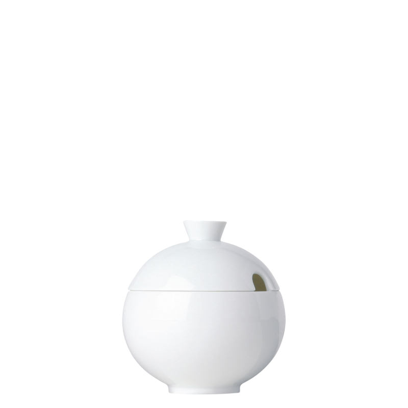 img1_zd20073_weiss_zuckerdose Weiße, kugelförmige Porzellandose mit Deckel und kleinem Griff. Fürstenberg Porzellan.