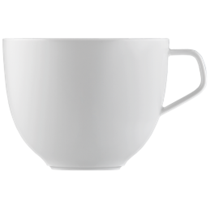 Weiße Teetasse mit goldenem Punkt innen, seitliche und obere Ansicht. Fürstenberg Porzellan.