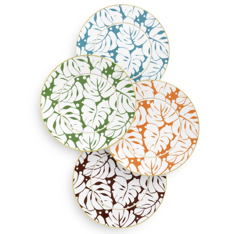 img3_fl20143270023_platzteller Vier Teller mit Monstera-Blatt-Muster in Blau, Grün, Orange, Braun. Fürstenberg Porzellan.
