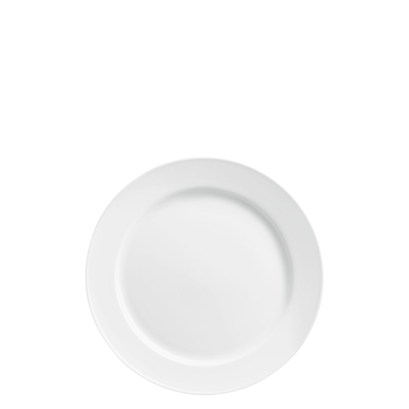 Dinner plate Weißer, runder Teller mit glattem Rand auf weißem Hintergrund. Fürstenberg Porzellan.