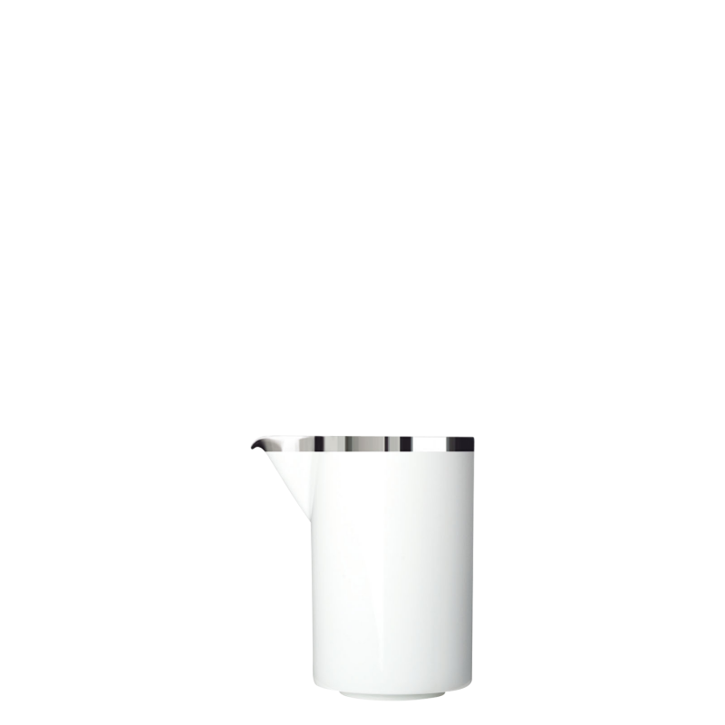 img1_gi2006245701_portionsgie__er_s Weiße, zylindrische Kanne mit silbernem Rand und Ausguss, minimalistisch gestaltet. Fürstenberg Porzellan.