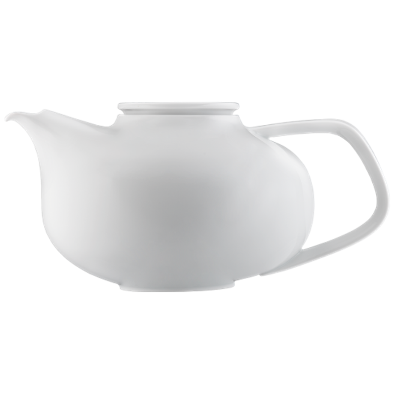 Weiße Porzellankanne mit goldener Oberseite, seitlich und von oben gezeigt. Fürstenberg Porzellan.