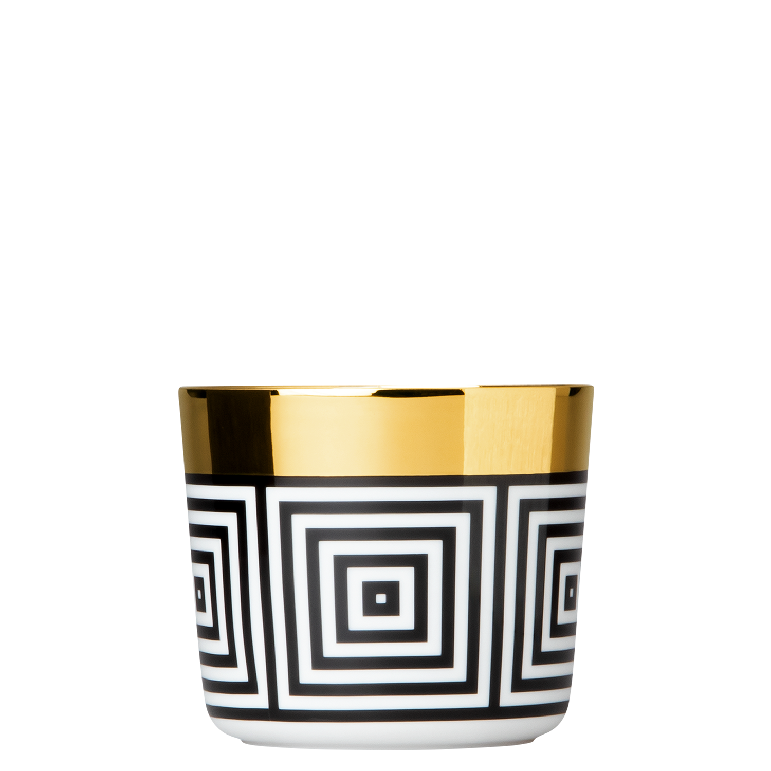 Champagnerbecher SQUARES Tasse mit goldenem Rand, geometrischen schwarz-weißen Mustern, auf weißem Hintergrund. Fürstenberg Porzellan.