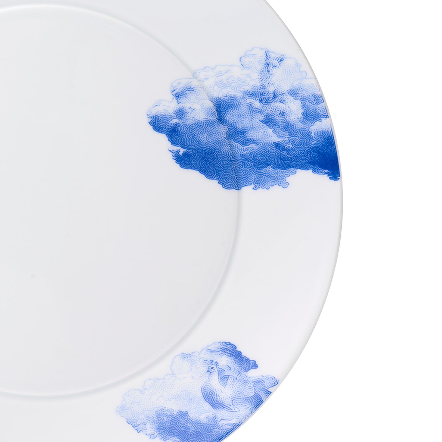 Porzellanteller mit blauen Wolkenmotiven auf weißem Hintergrund, minimalistisch gestaltet. Fürstenberg Porzellan.