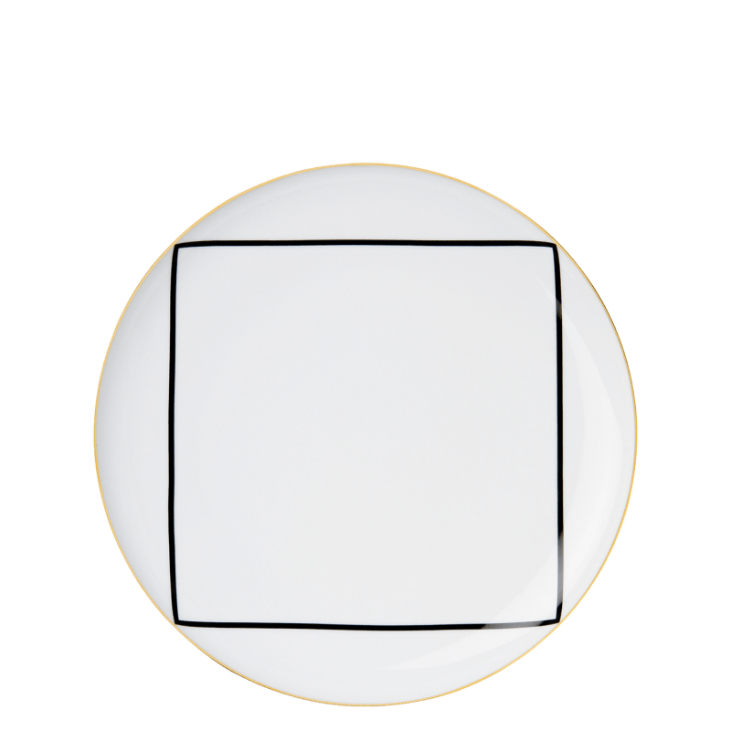 Dinner plate Weißer Teller mit schwarzem quadratischen Rahmen und goldener Randverzierung. Fürstenberg Porzellan.