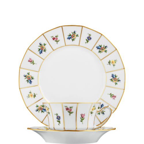Teller und Tasse mit Blumenmuster und Goldlinien auf weißem Hintergrund. Fürstenberg Porzellan. Teller und Tasse mit Blumenmuster und Goldlinien auf weißem Hintergrund. Fürstenberg Porzellan.