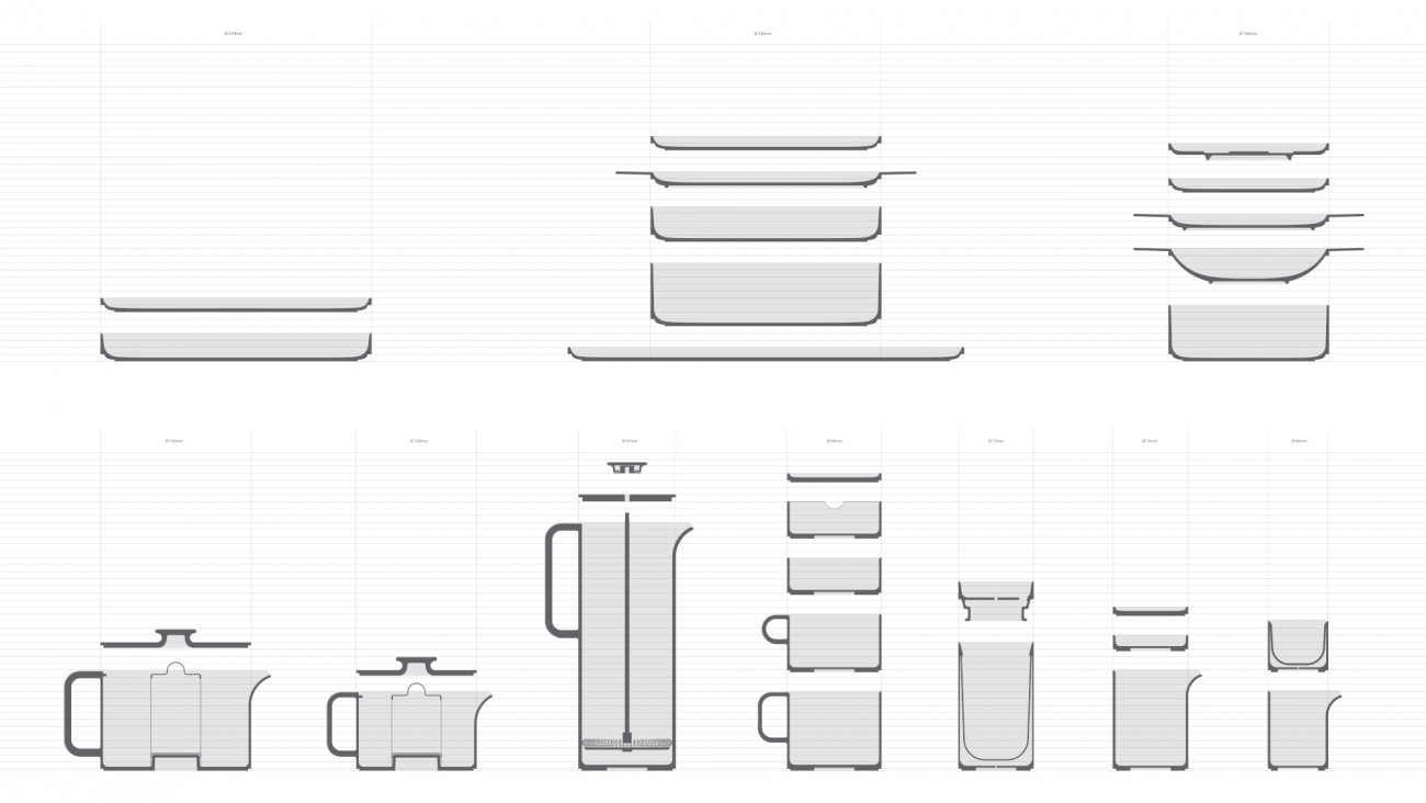Skizzen von gestapeltem Geschirr, einschließlich Teller, Töpfe und Becher mit Maßen. Fürstenberg Porzellan.