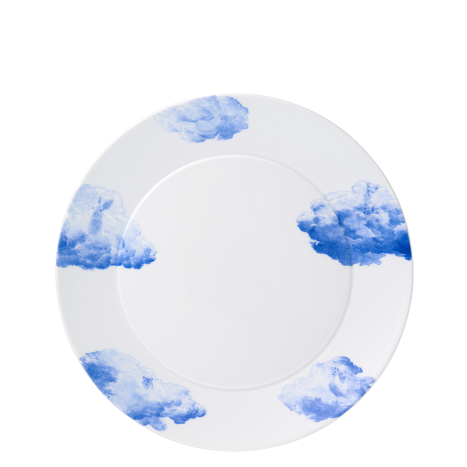 Dinner plate Weißer Teller mit blauen Wolkenmotiven am Rand auf weißem Hintergrund. Fürstenberg Porzellan.