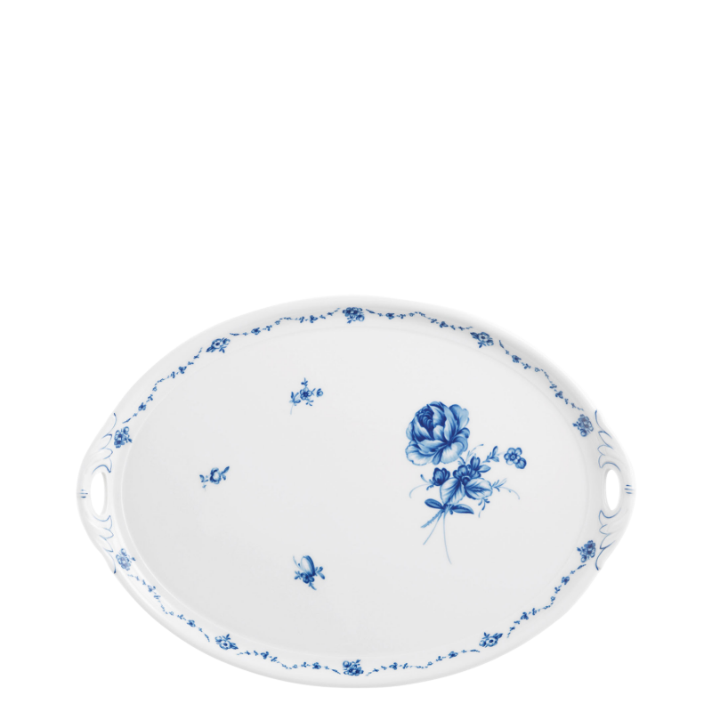 Tableau Ovales Tablett mit blauem Blumendekor und Griffen auf weißem Porzellan. Fürstenberg Porzellan.
