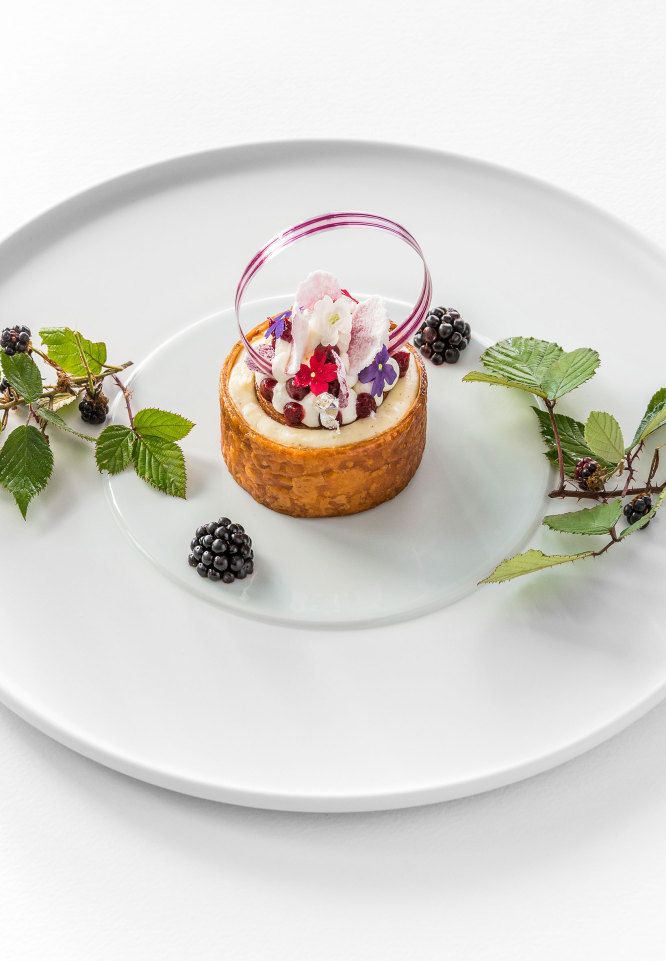 Feines Dessert mit Beeren und essbaren Blüten, dekorativ auf weißem Teller arrangiert. Fürstenberg Porzellan.