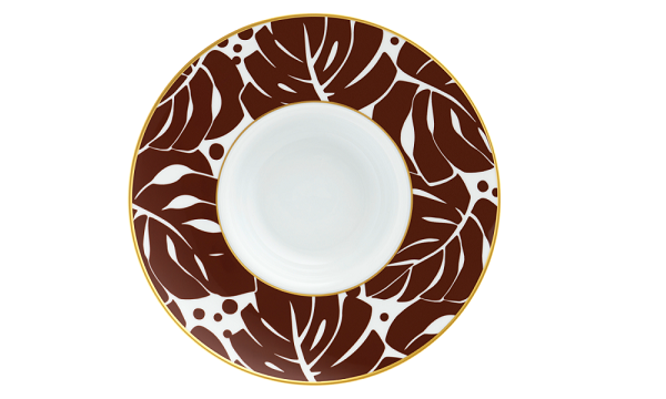 Suppenteller aus Porzellan mit braunem Blätterdesign und feinem Goldrand