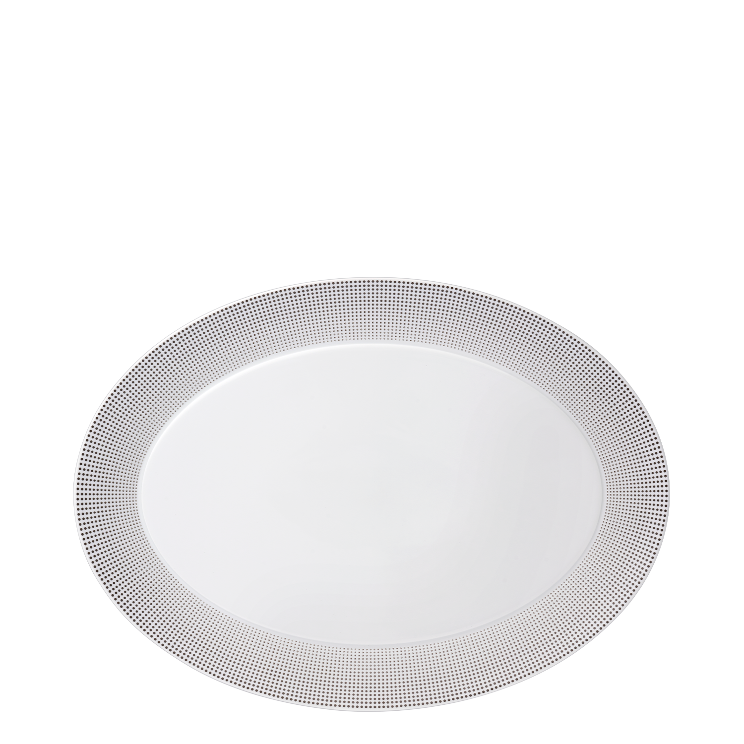 Platter oval Ovaler Porzellanteller mit schwarzem Punktmuster an Rand in Draufsicht. Fürstenberg Porzellan.