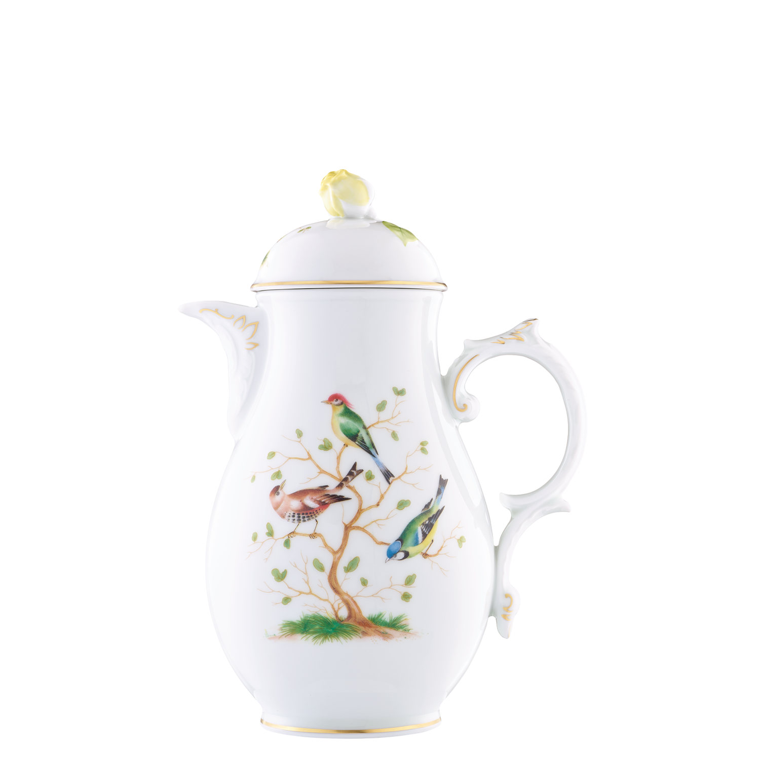 Kaffeekanne  Teekanne mit Vögeln bemalt, stehend auf Oberfläche, weiße Porzellanverarbeitung. Fürstenberg Porzellan.