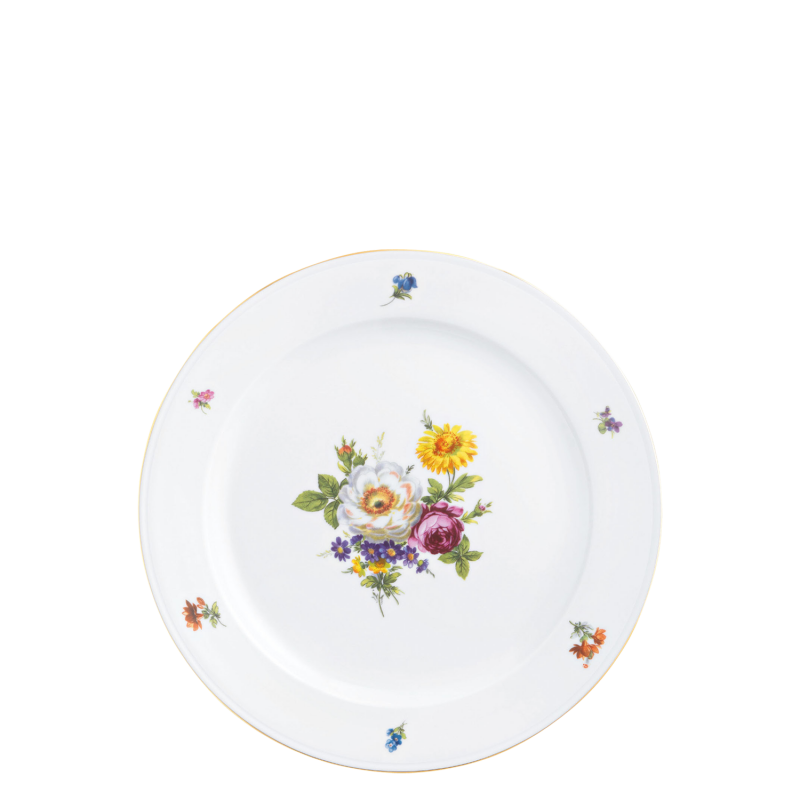 img1_fl_641242199_speiseteller Weißer Porzellanteller mit buntem Blumenmuster in der Mitte. Fürstenberg Porzellan.
