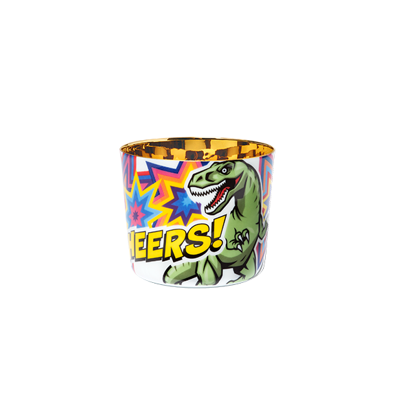 Tasse mit T-Rex-Motiv schreit "CHEERS!" vor buntem Hintergrund. Fürstenberg Porzellan.