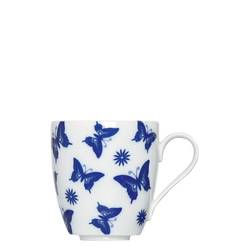 img1_ob2007195704_kaffeebecher Weiße Tasse mit blauen Schmetterlingen und Blumenmuster, seitlicher Henkel. Fürstenberg Porzellan.