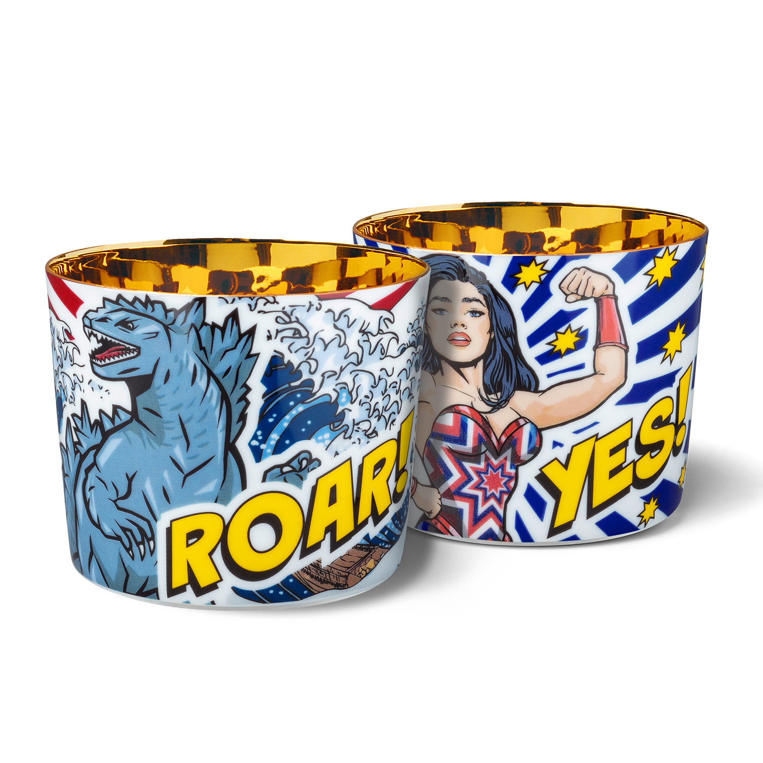 Zwei Becher mit Comic-Motiven; Godzilla "ROAR!" und Superheldin "YES!" Fürstenberg Porzellan.