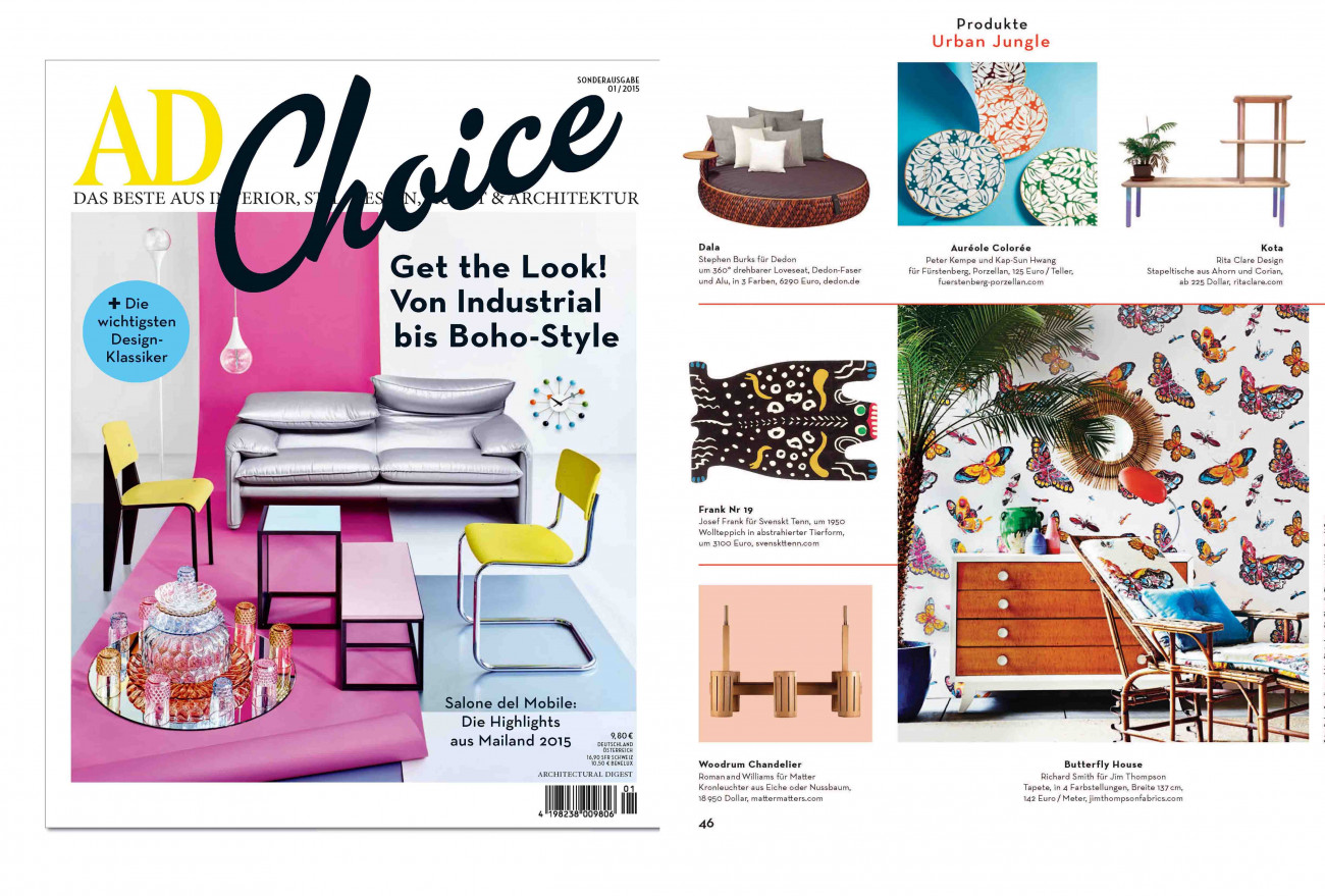 Titelblatt von AD Choice, Möbelkollektion in modernem Design, Urban Jungle Produkte präsentiert. Fürstenberg Porzellan.