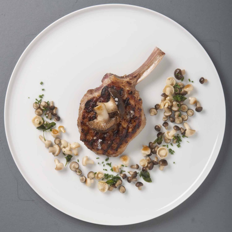 img2_fl20134_weiss_teller_coup Gegrilltes Fleisch mit Pilzen auf weißem Teller, dekoriert mit Kräutern. Fürstenberg Porzellan.