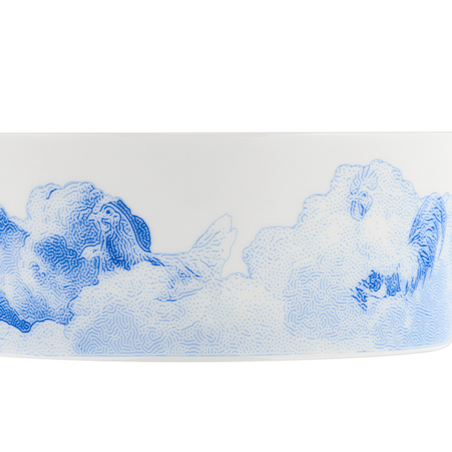 Weiße Porzellanschale mit blauen Wolkenmuster, detailliert und kunstvoll gestaltet. Fürstenberg Porzellan.