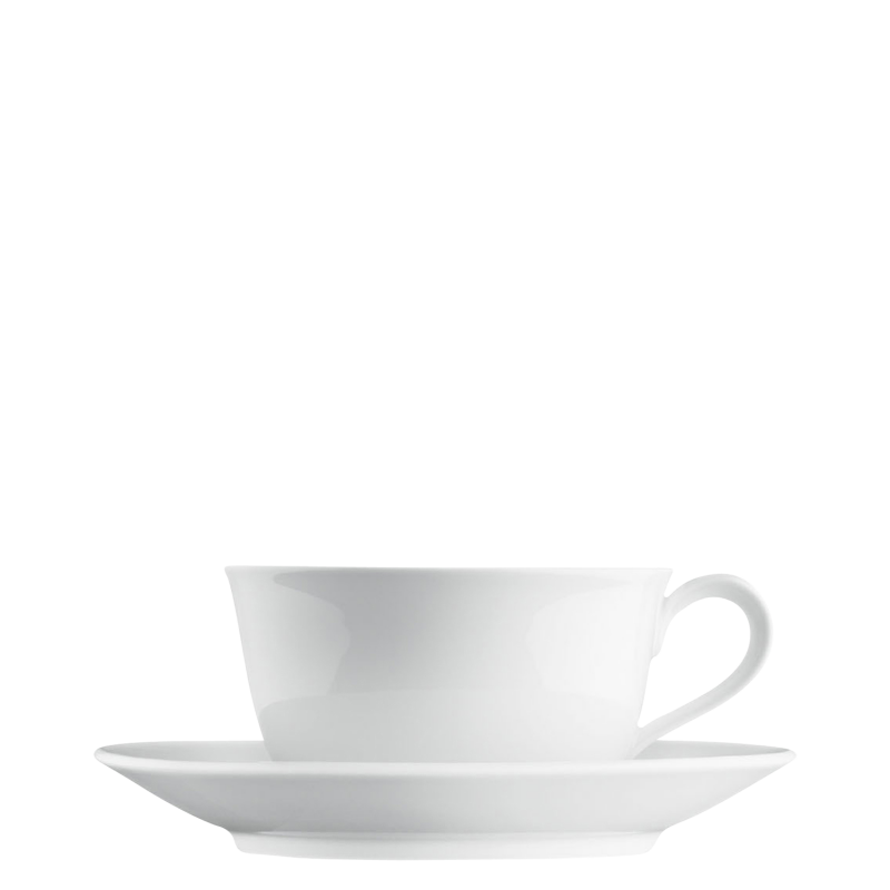 img1_TA6399WEISS Weiße Tasse mit Untertasse, schlichtes Design, seitliche Ansicht. Fürstenberg Porzellan.