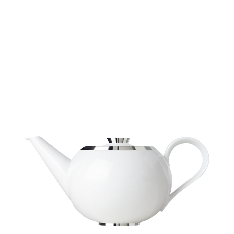 img1_tk20071_5701_teekanne_mit_teesieb Weiße Porzellankanne mit silbernem Rand, geschwungener Ausguss und Henkel. Fürstenberg Porzellan.