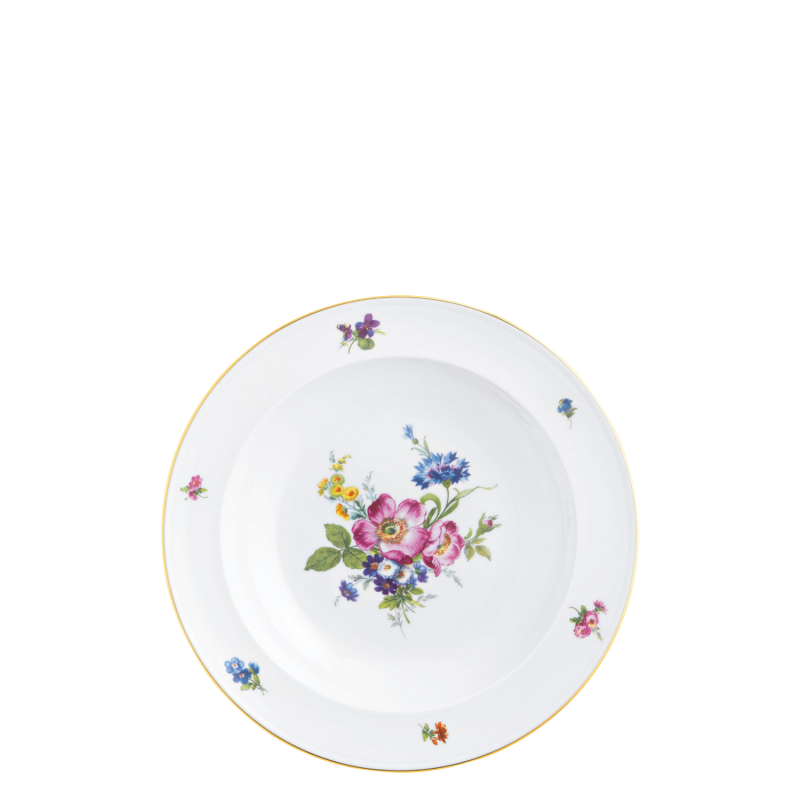 img1_tf_641232199_suppenteller Porzellanteller mit buntem Blumenmuster, zentral auf weißem Hintergrund. Fürstenberg Porzellan.