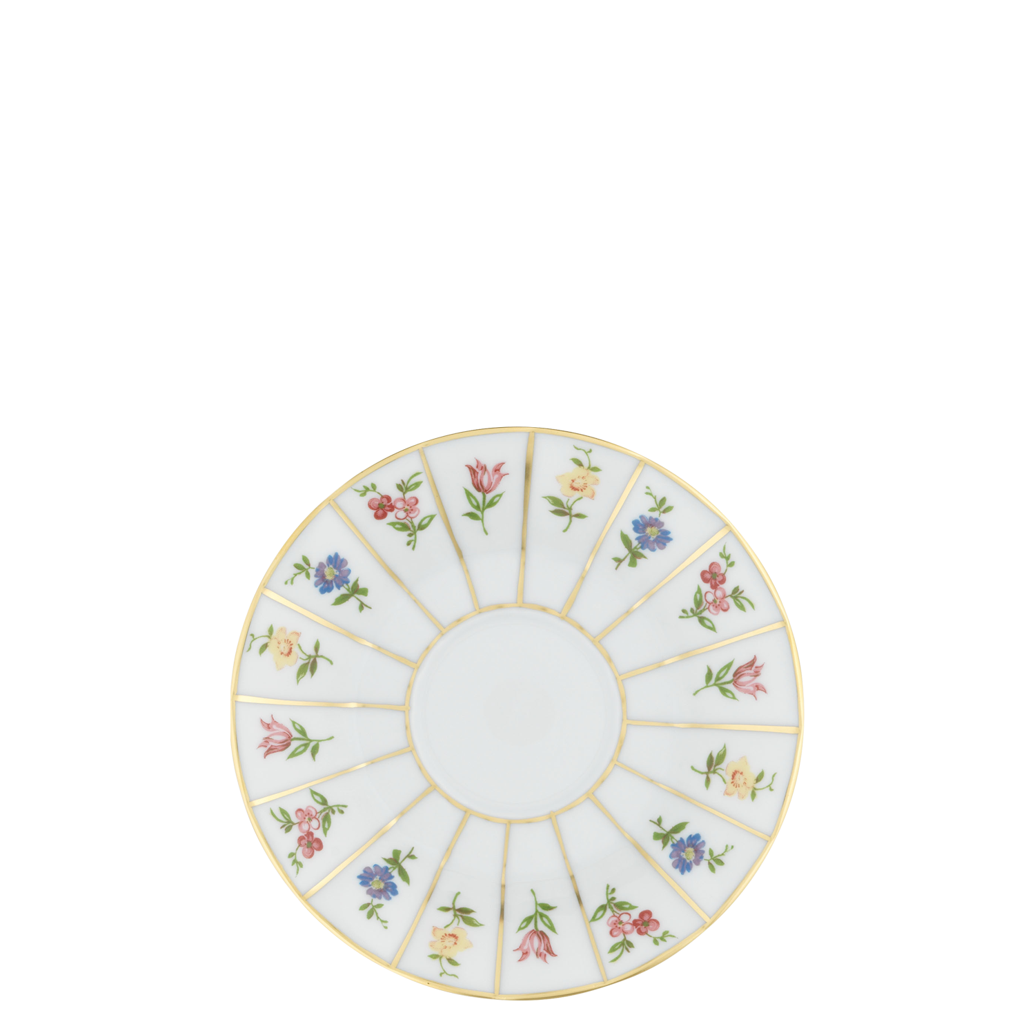 Espresso saucer Teller zeigt florales Muster mit goldenen Linien unterteilt in Segmente. Fürstenberg Porzellan.