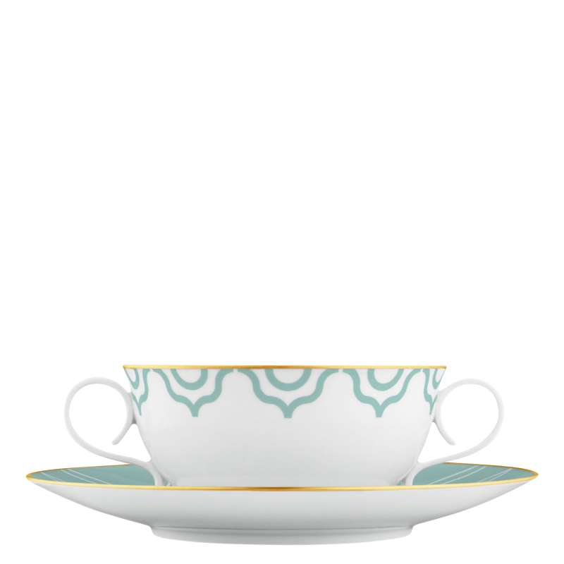 img1_ta2011205900_suppentasse_2_tlg Weiß-grüne Teetasse mit goldener Verzierung auf passender Untertasse. Fürstenberg Porzellan.